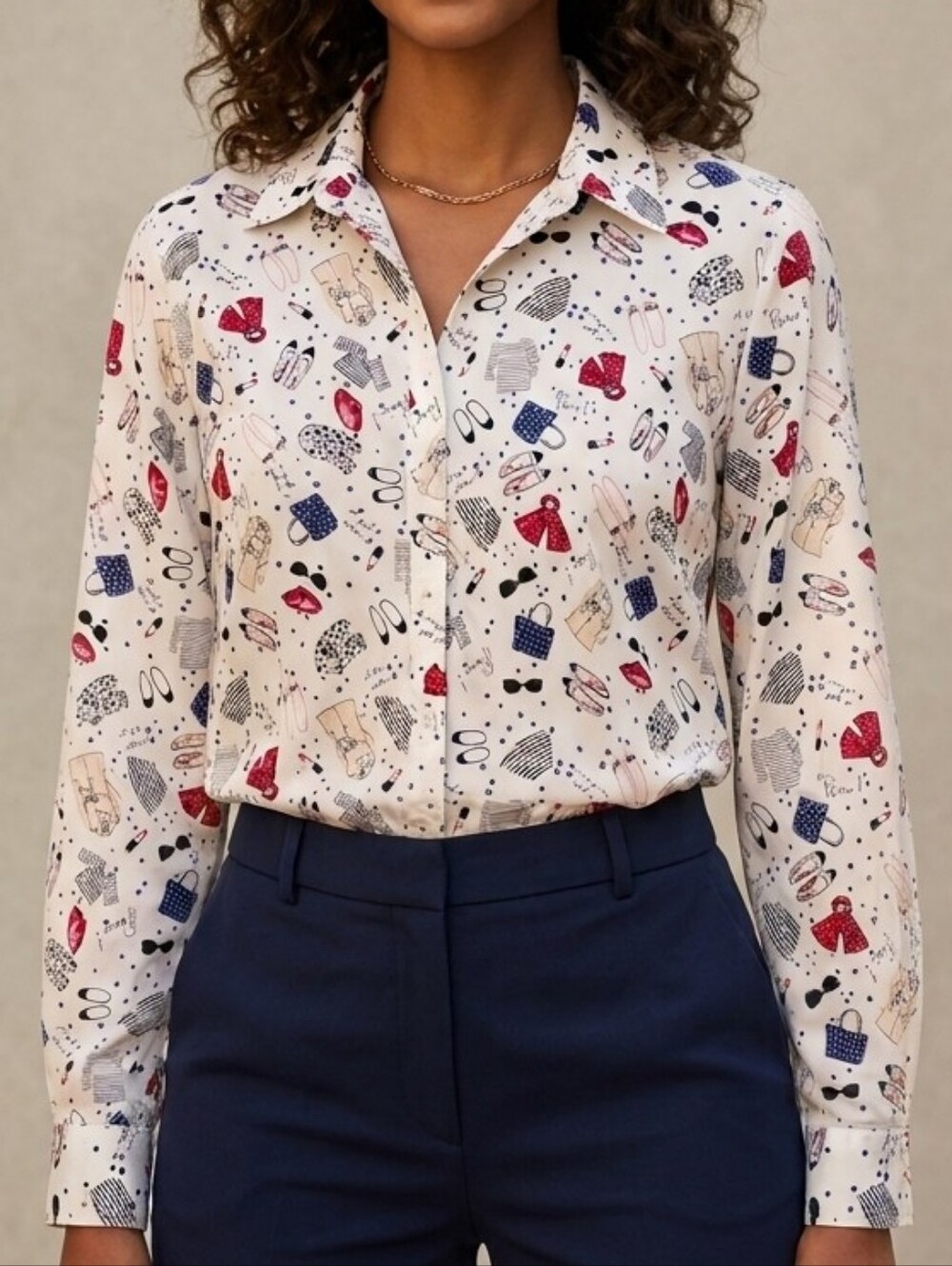 Talbots Paris Novelty Print Button Down Top Roll Tab Sleeves French Chic Sz XL